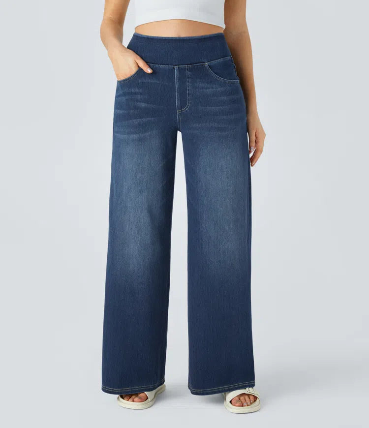 Jean stretch taille haute et jambes larges