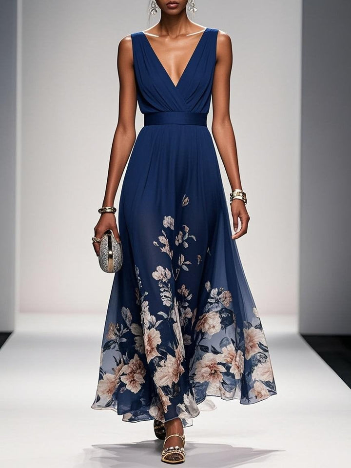 Robe longue en mousseline de soie à fleurs