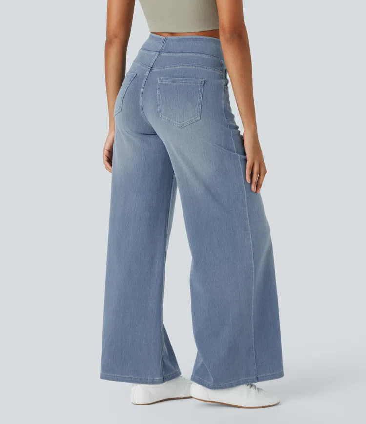 Jean stretch taille haute et jambes larges
