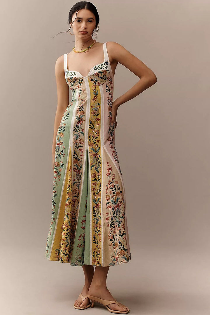 Robe longue à empiècements floraux en lin mélangé
