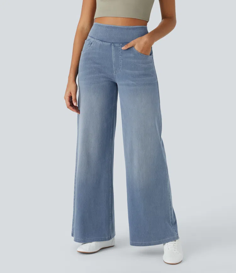 Jean stretch taille haute et jambes larges