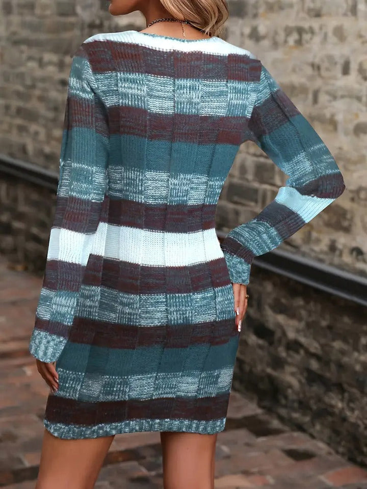 Robe Pull à Col en V à Blocs de Couleur