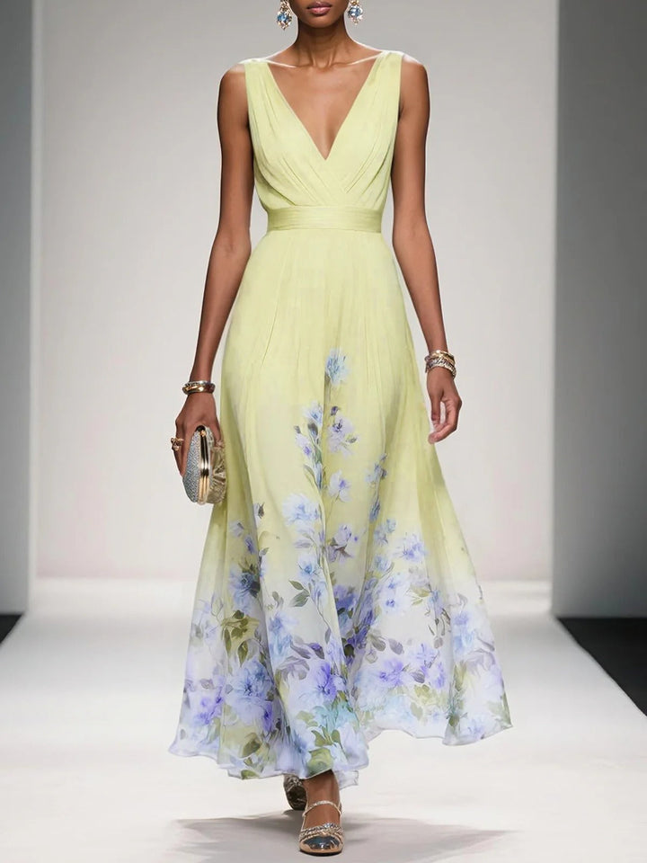 Robe longue en mousseline de soie à fleurs