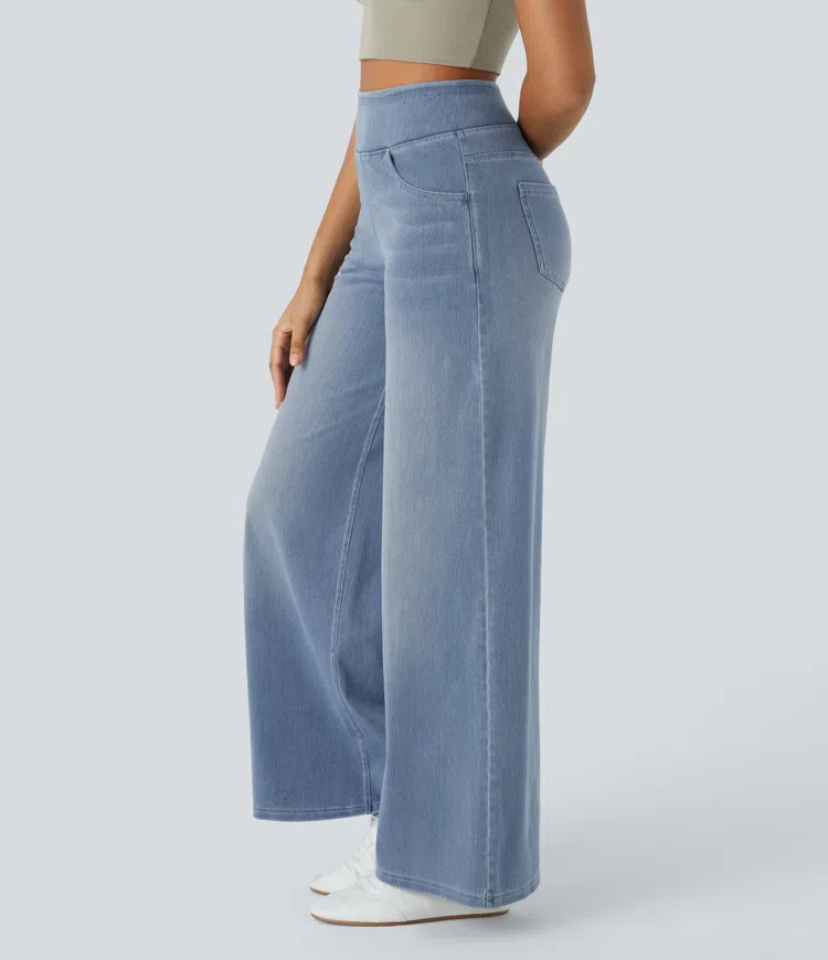 Jean stretch taille haute et jambes larges