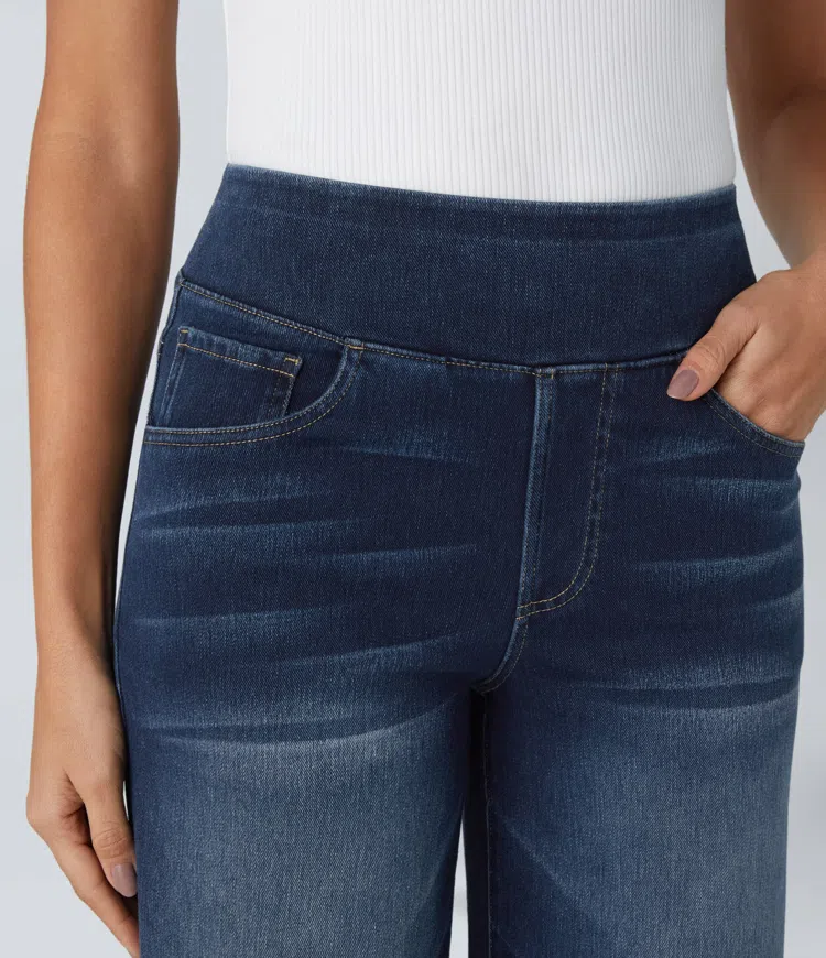 Jean stretch taille haute et jambes larges