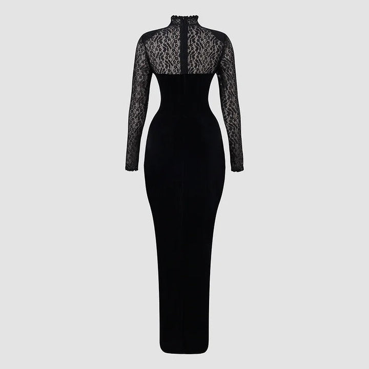 Robe moulante noire à manches longues en velours et dentelle