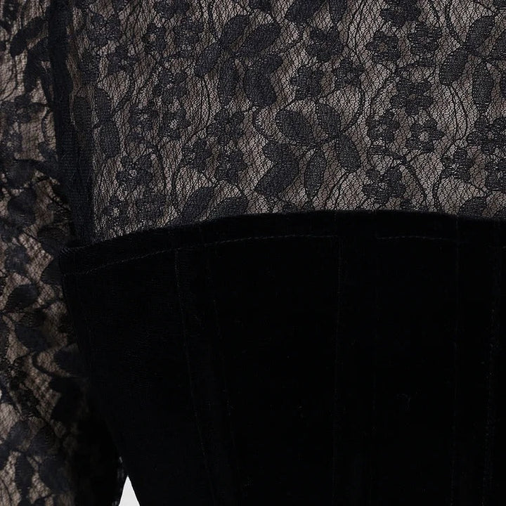 Robe moulante noire à manches longues en velours et dentelle