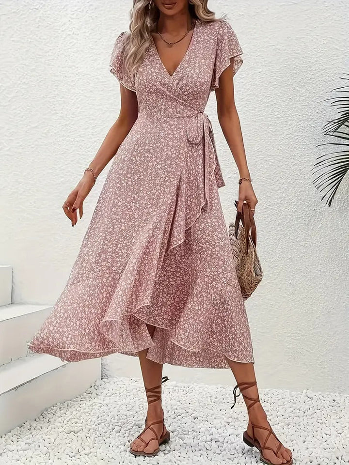 Robe mi-longue élégante à motifs floraux