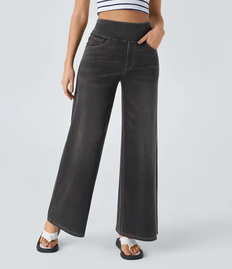 Jean stretch taille haute et jambes larges