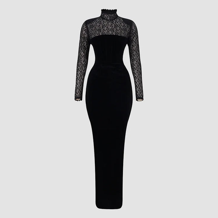 Robe moulante noire à manches longues en velours et dentelle