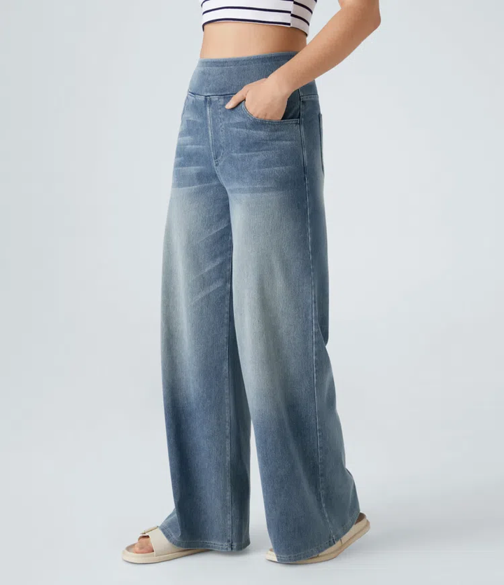 Jean stretch taille haute et jambes larges