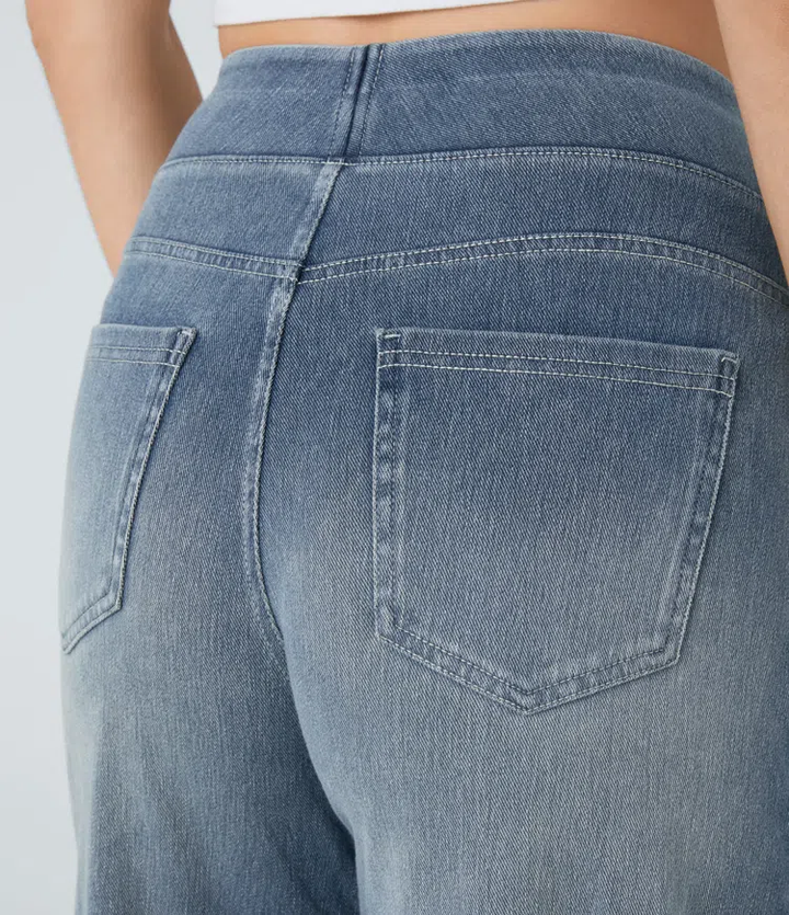Jean stretch taille haute et jambes larges