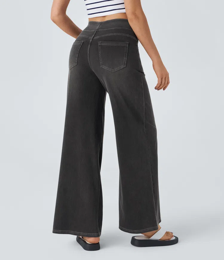 Jean stretch taille haute et jambes larges