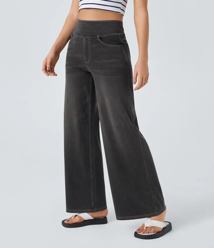 Jean stretch taille haute et jambes larges