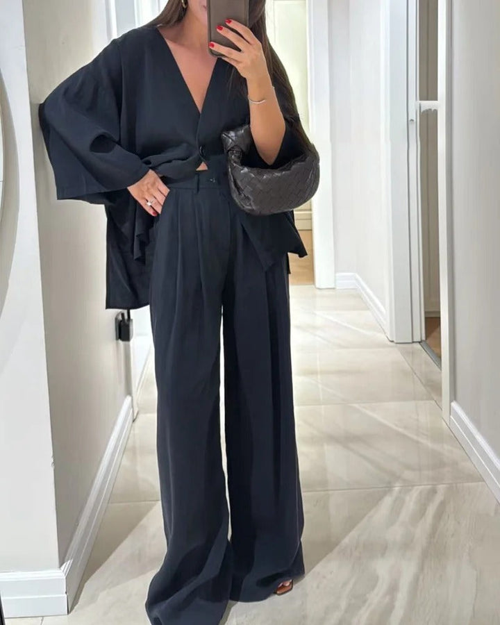 Ensemble deux pièces décontracté haut à col en V et pantalon